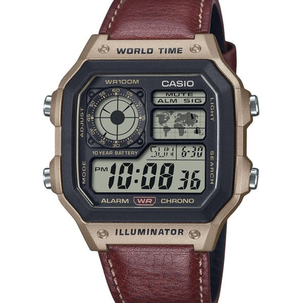 Montre à quartz Casio Standard Digital World Time avec bracelet en cuir AE-1200WHL-5AV 100M pour homme
