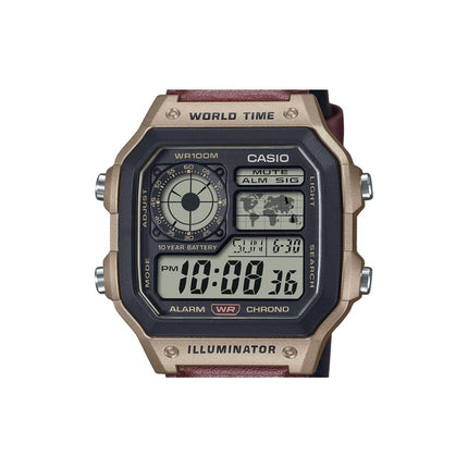 Montre à quartz Casio Standard Digital World Time avec bracelet en cuir AE-1200WHL-5AV 100M pour homme