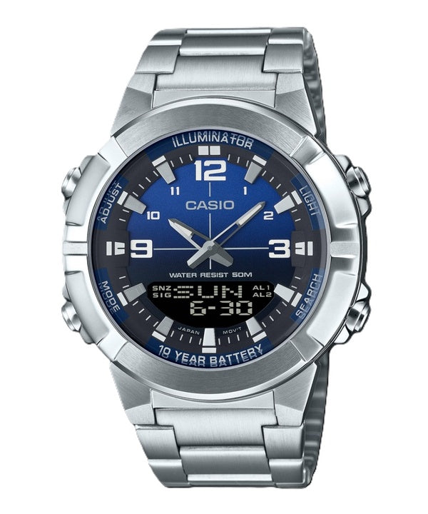 Montre à quartz analogique numérique Casio AMW-870DA-2A1V pour homme avec cadran bleu et acier inoxydable