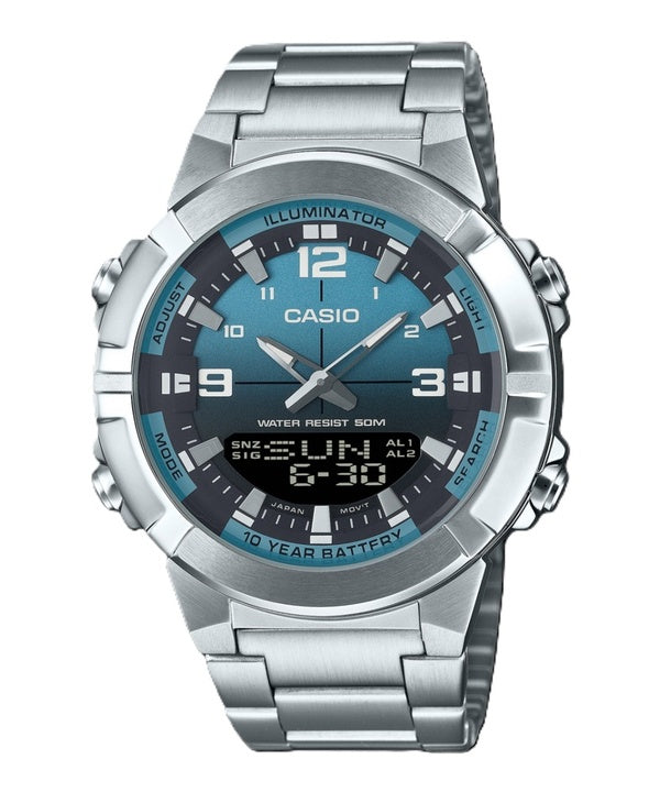 Montre à quartz analogique numérique Casio AMW-870DA-2A2V pour homme avec cadran bleu clair et acier inoxydable