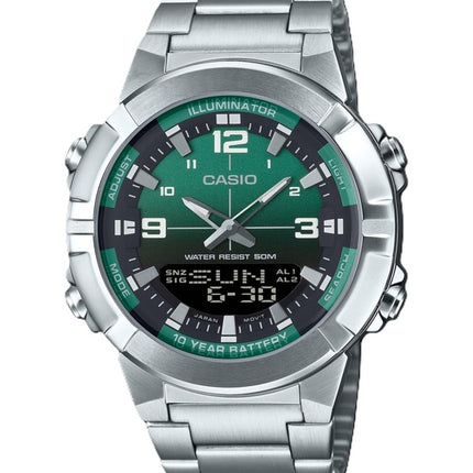 Montre à quartz analogique numérique Casio AMW-870DA-3AV pour homme avec cadran vert en acier inoxydable