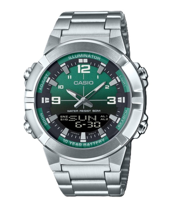 Montre à quartz analogique numérique Casio AMW-870DA-3AV pour homme avec cadran vert en acier inoxydable