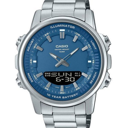 Montre Casio analogique numérique à combinaison en acier inoxydable avec cadran bleu et quartz AMW-880D-2A1V pour homme