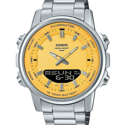 Montre Casio analogique numérique à combinaison en acier inoxydable avec cadran jaune et quartz AMW-880D-9AV pour homme