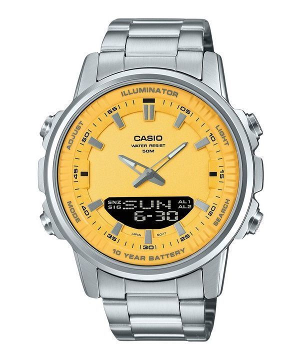 Montre Casio analogique numérique à combinaison en acier inoxydable avec cadran jaune et quartz AMW-880D-9AV pour homme