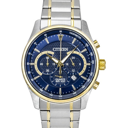 Montre homme Citizen Chronographe bicolore en acier inoxydable, cadran bleu, mouvement à quartz AN8194-51L, étanche à 100 m