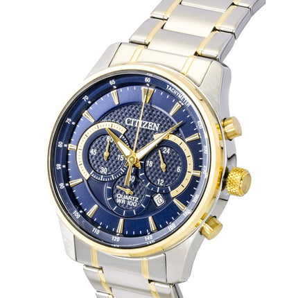 Montre homme Citizen Chronographe bicolore en acier inoxydable, cadran bleu, mouvement à quartz AN8194-51L, étanche à 100 m