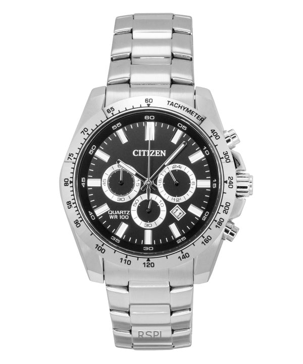 Montre homme Citizen chronographe en acier inoxydable, cadran noir, quartz, AN8230-59E, 100 m