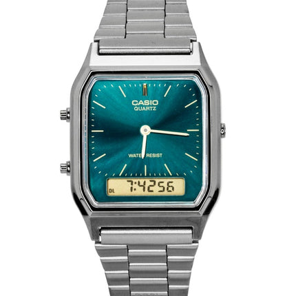 Montre unisexe Casio Vintage analogique-numérique en acier inoxydable, cadran vert, mouvement à quartz AQ-230EGG-3A