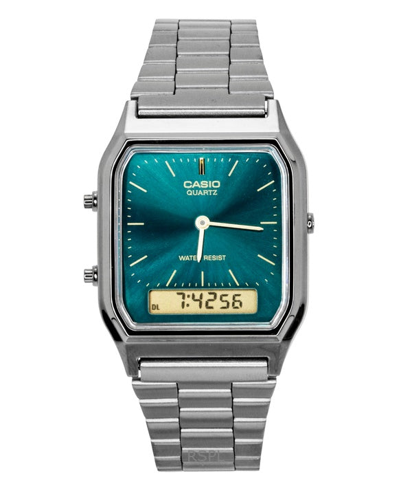 Montre unisexe Casio Vintage analogique-numérique en acier inoxydable, cadran vert, mouvement à quartz AQ-230EGG-3A