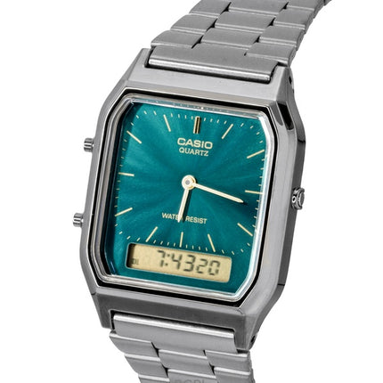Montre unisexe Casio Vintage analogique-numérique en acier inoxydable, cadran vert, mouvement à quartz AQ-230EGG-3A