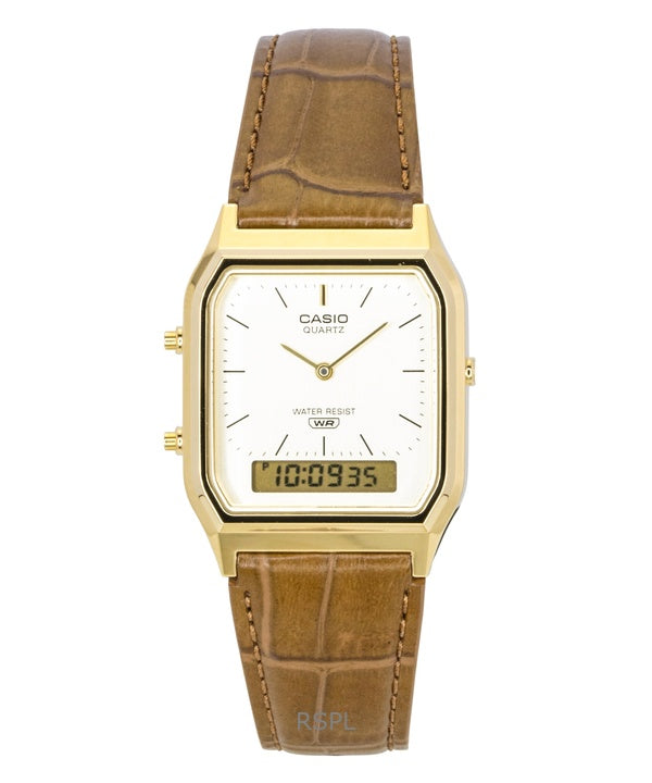 Montre unisexe Casio Vintage Analogique-Numérique à quartz AQ-230EGL-9A, bracelet en cuir, cadran doré