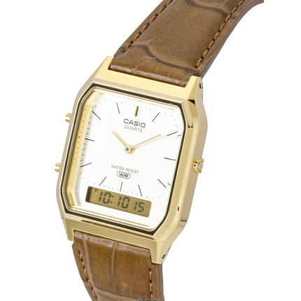 Montre unisexe Casio Vintage Analogique-Numérique à quartz AQ-230EGL-9A, bracelet en cuir, cadran doré