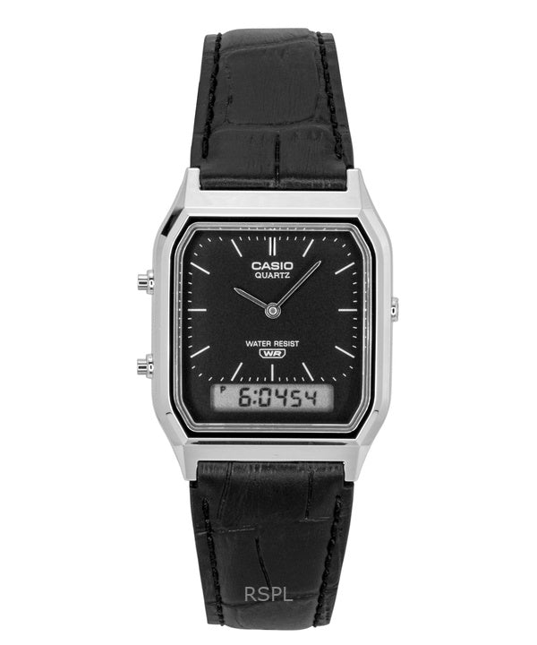 Montre unisexe Casio Vintage Analogique-Numérique à bracelet en cuir, cadran noir, mouvement à quartz AQ-230EL-1A
