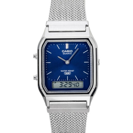 Montre unisexe Casio Vintage analogique-numérique à quartz AQ-230EM-2A, bracelet en maille d'acier inoxydable, cadran bleu