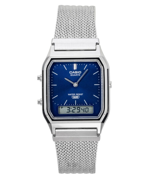 Montre unisexe Casio Vintage analogique-numérique à quartz AQ-230EM-2A, bracelet en maille d'acier inoxydable, cadran bleu