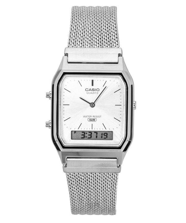 Montre unisexe Casio Vintage analogique-numérique à quartz AQ-230EM-7A, bracelet en maille d'acier inoxydable, cadran argenté