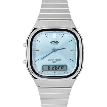 Montre unisexe Casio Vintage analogique-numérique en acier inoxydable, cadran bleu clair, mouvement à quartz AQ-240E-2A