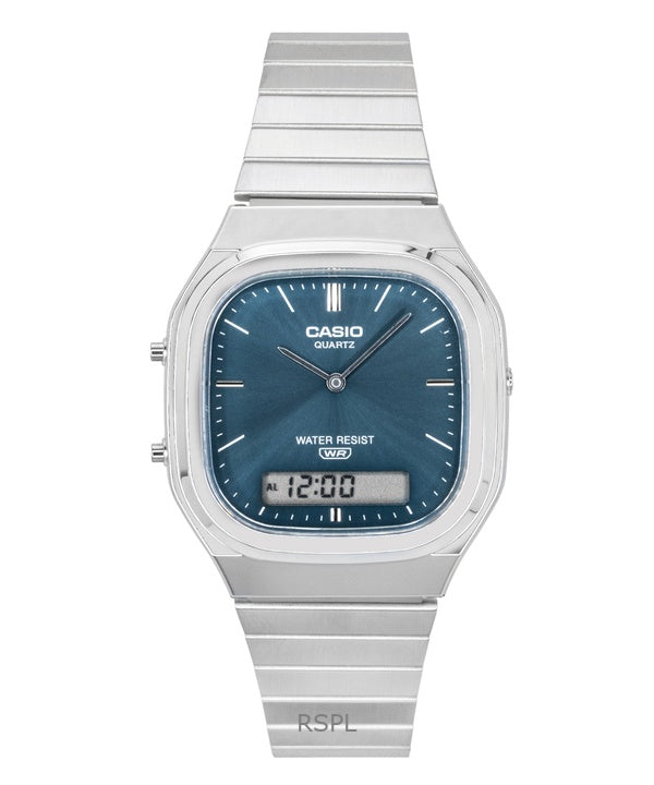 Montre unisexe Casio Vintage Analogique-Numérique en acier inoxydable, cadran bleu ciel, mouvement à quartz AQ-240E-3A