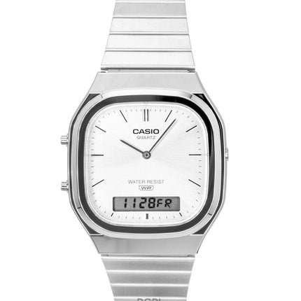 Montre unisexe Casio Vintage Analogique-Numérique en acier inoxydable, cadran argenté, mouvement à quartz AQ-240E-7A
