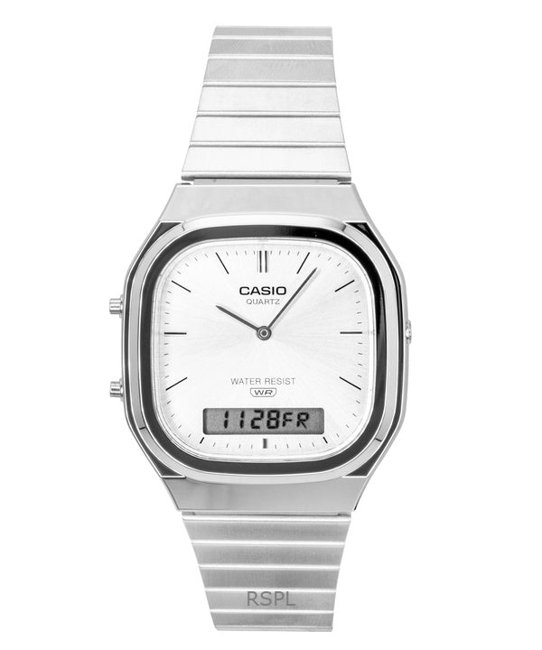 Montre unisexe Casio Vintage Analogique-Numérique en acier inoxydable, cadran argenté, mouvement à quartz AQ-240E-7A