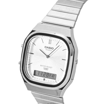 Montre unisexe Casio Vintage Analogique-Numérique en acier inoxydable, cadran argenté, mouvement à quartz AQ-240E-7A
