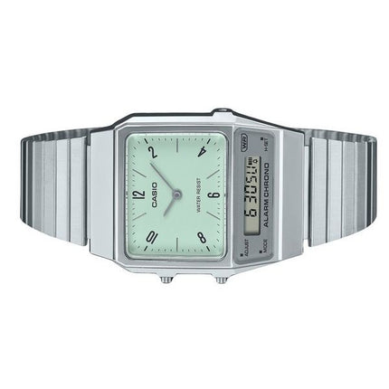 Casio Vintage analogique numérique double heure Bracelet en acier inoxydable cadran vert Quartz AQ-800E-3A montre unisexe