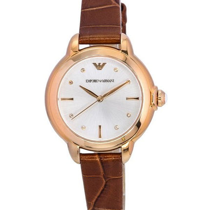 Emporio Armani Mia Bracelet en cuir marron Cadran argenté Quartz AR11525 Montre pour femme