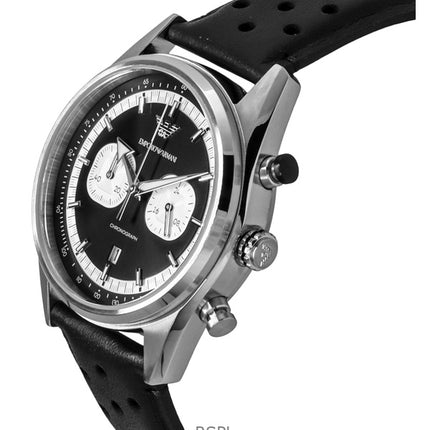 Montre chronographe Emporio Armani pour homme, bracelet en cuir, cadran noir, quartz AR11635