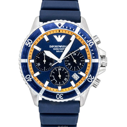 Montre homme Emporio Armani World Explorer Chronographe, bracelet en silicone, cadran bleu, solaire AR11696, étanche à 100 m