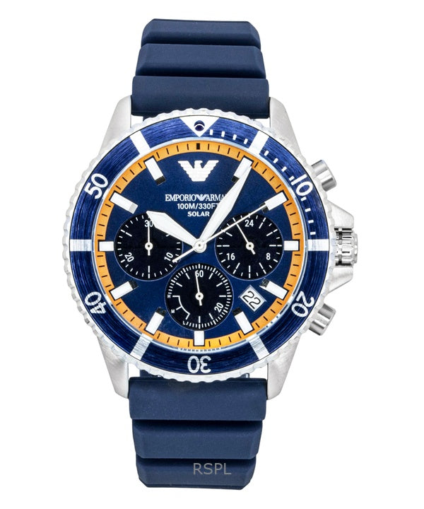 Montre homme Emporio Armani World Explorer Chronographe, bracelet en silicone, cadran bleu, solaire AR11696, étanche à 100 m