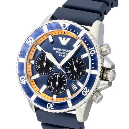 Montre homme Emporio Armani World Explorer Chronographe, bracelet en silicone, cadran bleu, solaire AR11696, étanche à 100 m