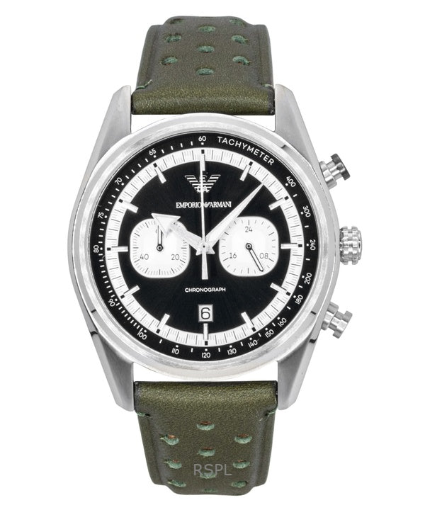 Montre homme Emporio Armani Chronographe Bracelet Cuir Vert Cadran Noir et Argent Quartz AR11709