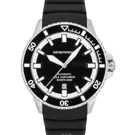 Montre homme Emporio Armani Sea Explorer, bracelet en silicone, cadran noir, automatique de plongée AR60086, étanche à 200 m