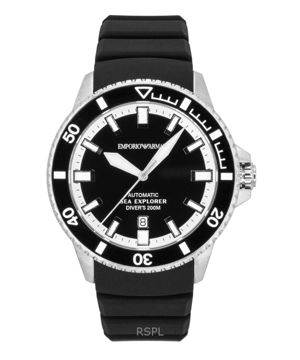 Montre homme Emporio Armani Sea Explorer, bracelet en silicone, cadran noir, automatique de plongée AR60086, étanche à 200 m