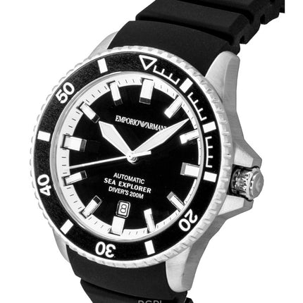 Montre homme Emporio Armani Sea Explorer, bracelet en silicone, cadran noir, automatique de plongée AR60086, étanche à 200 m