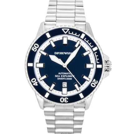 Montre homme Emporio Armani Sea Explorer en acier inoxydable, cadran bleu, automatique, étanche à 200 m (AR60087).