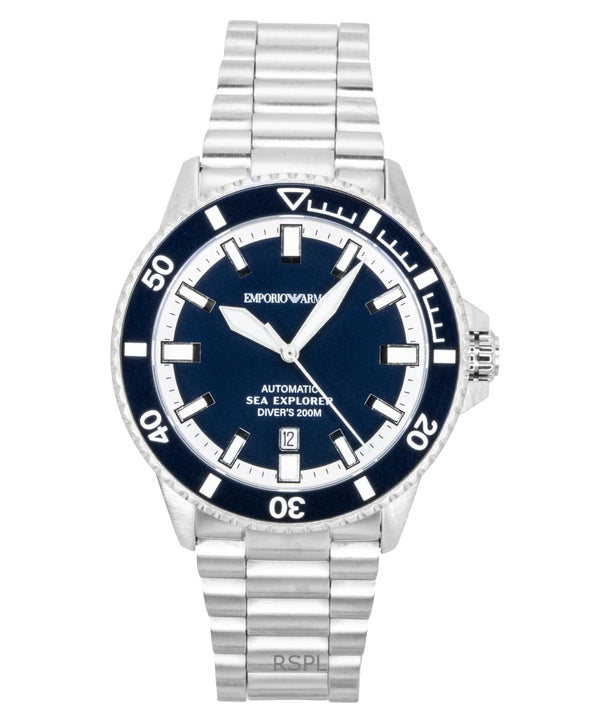 Montre homme Emporio Armani Sea Explorer en acier inoxydable, cadran bleu, automatique, étanche à 200 m (AR60087).