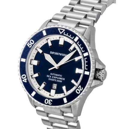 Montre homme Emporio Armani Sea Explorer en acier inoxydable, cadran bleu, automatique, étanche à 200 m (AR60087).