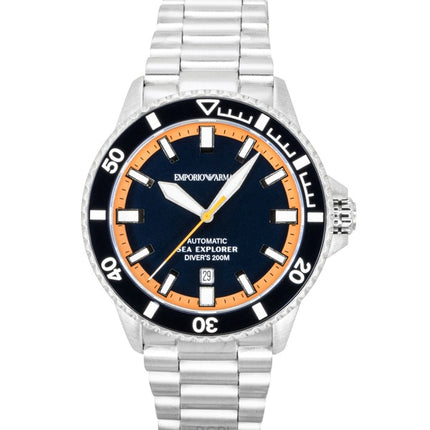 Montre homme Emporio Armani Sea Explorer en acier inoxydable, cadran bleu, automatique, étanche à 200 m (AR60090).