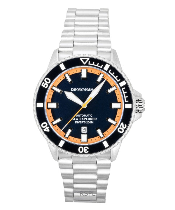 Montre homme Emporio Armani Sea Explorer en acier inoxydable, cadran bleu, automatique, étanche à 200 m (AR60090).