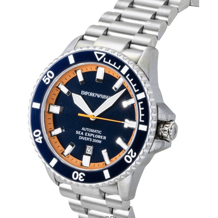 Montre homme Emporio Armani Sea Explorer en acier inoxydable, cadran bleu, automatique, étanche à 200 m (AR60090).