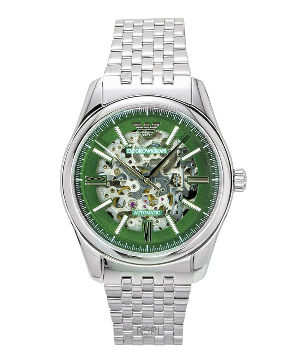 Montre homme Emporio Armani AR60091 en acier inoxydable, cadran squelette vert, automatique