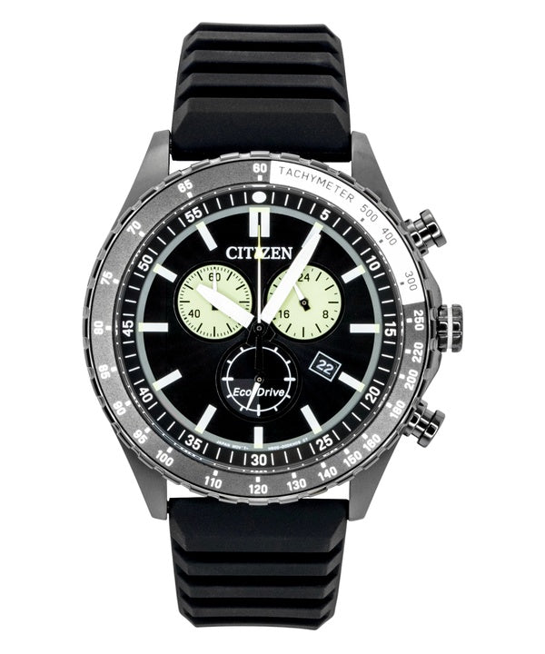 Montre homme Citizen Eco-Drive Chronographe, bracelet en silicone, cadran noir, solaire AT2565-05E, étanche à 100 m