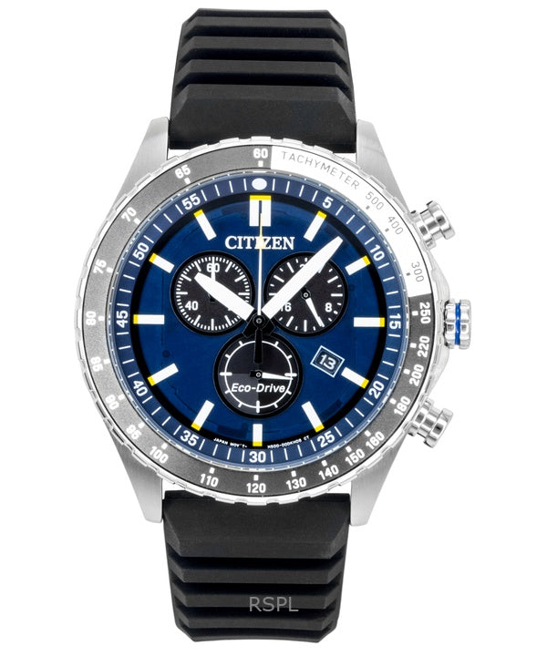 Montre homme Citizen Eco-Drive Chronographe, bracelet en silicone, cadran bleu AT2569-04L, étanche à 100 m