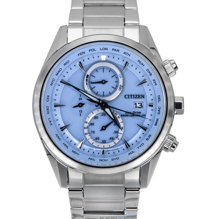 Montre pour homme Citizen Eco-Drive Chronograph Radio Pilotée en acier inoxydable avec cadran bleu glacier AT8260-85M 100M