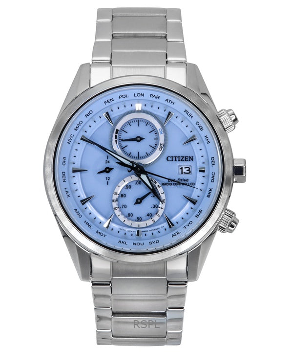 Montre pour homme Citizen Eco-Drive Chronograph Radio Pilotée en acier inoxydable avec cadran bleu glacier AT8260-85M 100M