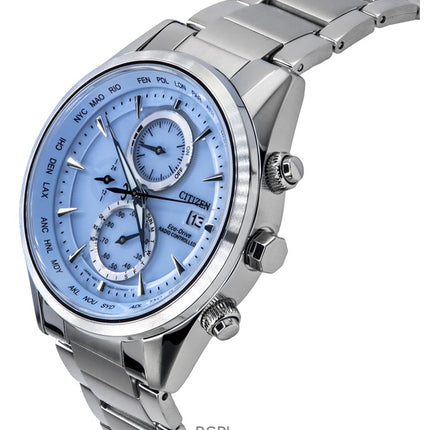 Montre pour homme Citizen Eco-Drive Chronograph Radio Pilotée en acier inoxydable avec cadran bleu glacier AT8260-85M 100M