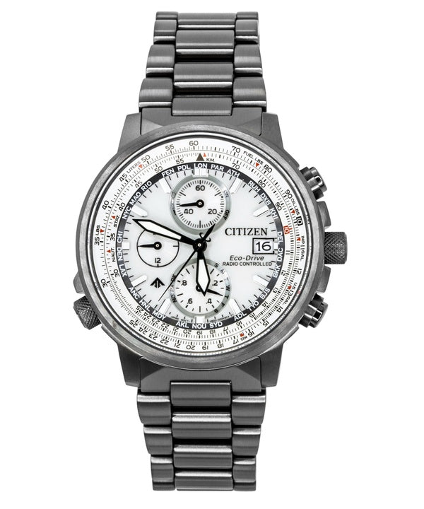 Montre homme Citizen Promaster Navihawk AT Chronographe Acier inoxydable Cadran argenté Eco-Drive Plongeur AT8304-57A 200M