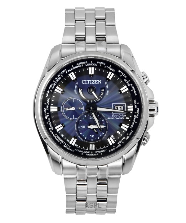 Montre de plongée radiocommandée Citizen Eco-Drive pour homme, cadran bleu, acier inoxydable, AT9031-52L, 200 m